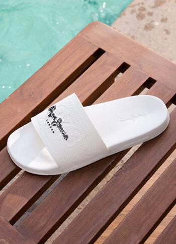 White Lightweight Beach Slides With Textured Logo Print