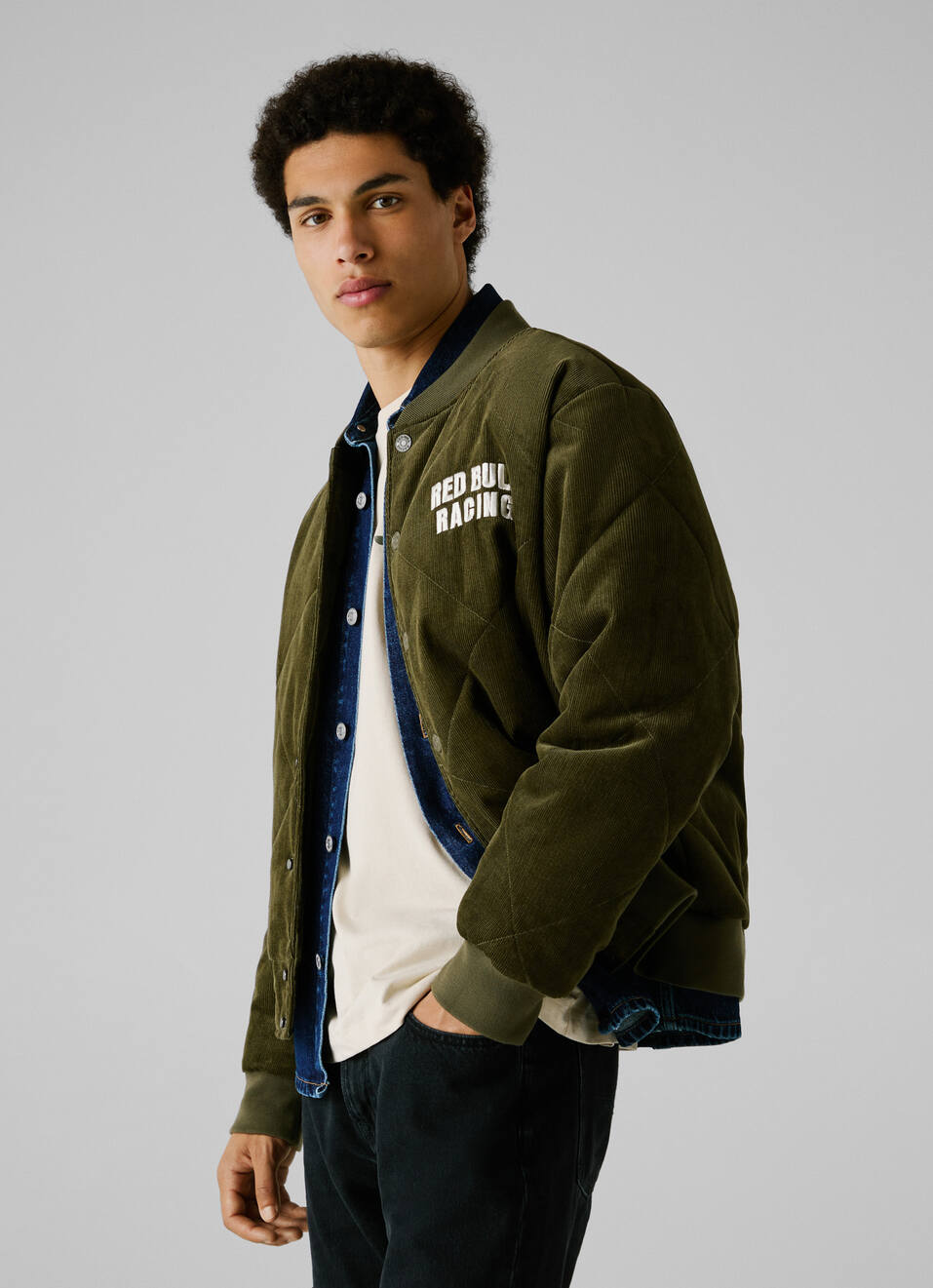 Red Bull Racing X Pepe Jeans Green Corduroy Bomber Jacket, , large image number 2