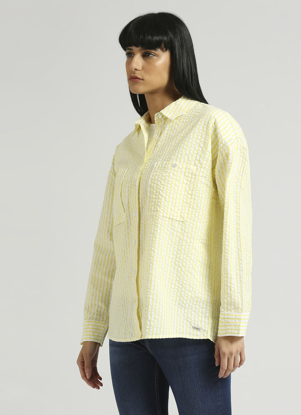 Yellow Seersucker Stripes Oversized Shirt | Pepe Jeans India