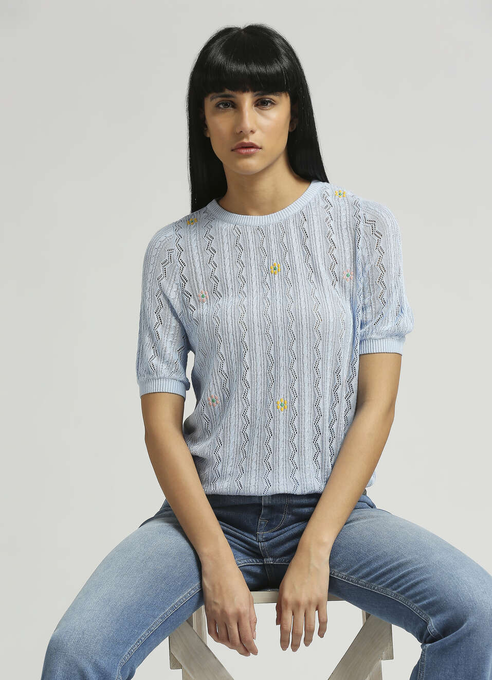 Light Blue Embroidered Short Sleeve Flat Knit Top, , large image number 0
