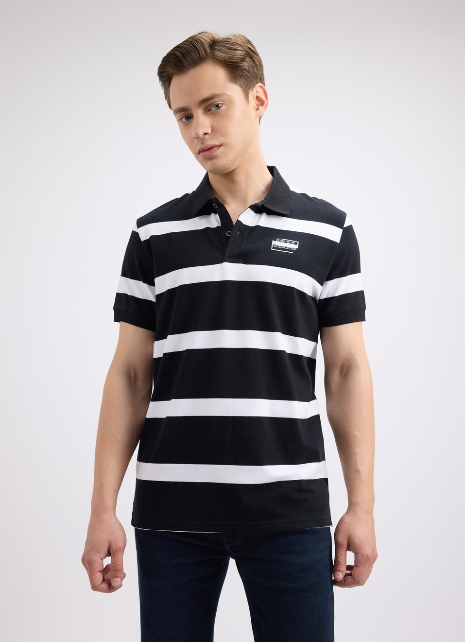 Men Black Stripe Short Sleeve Stretch Polo, , large image number 1