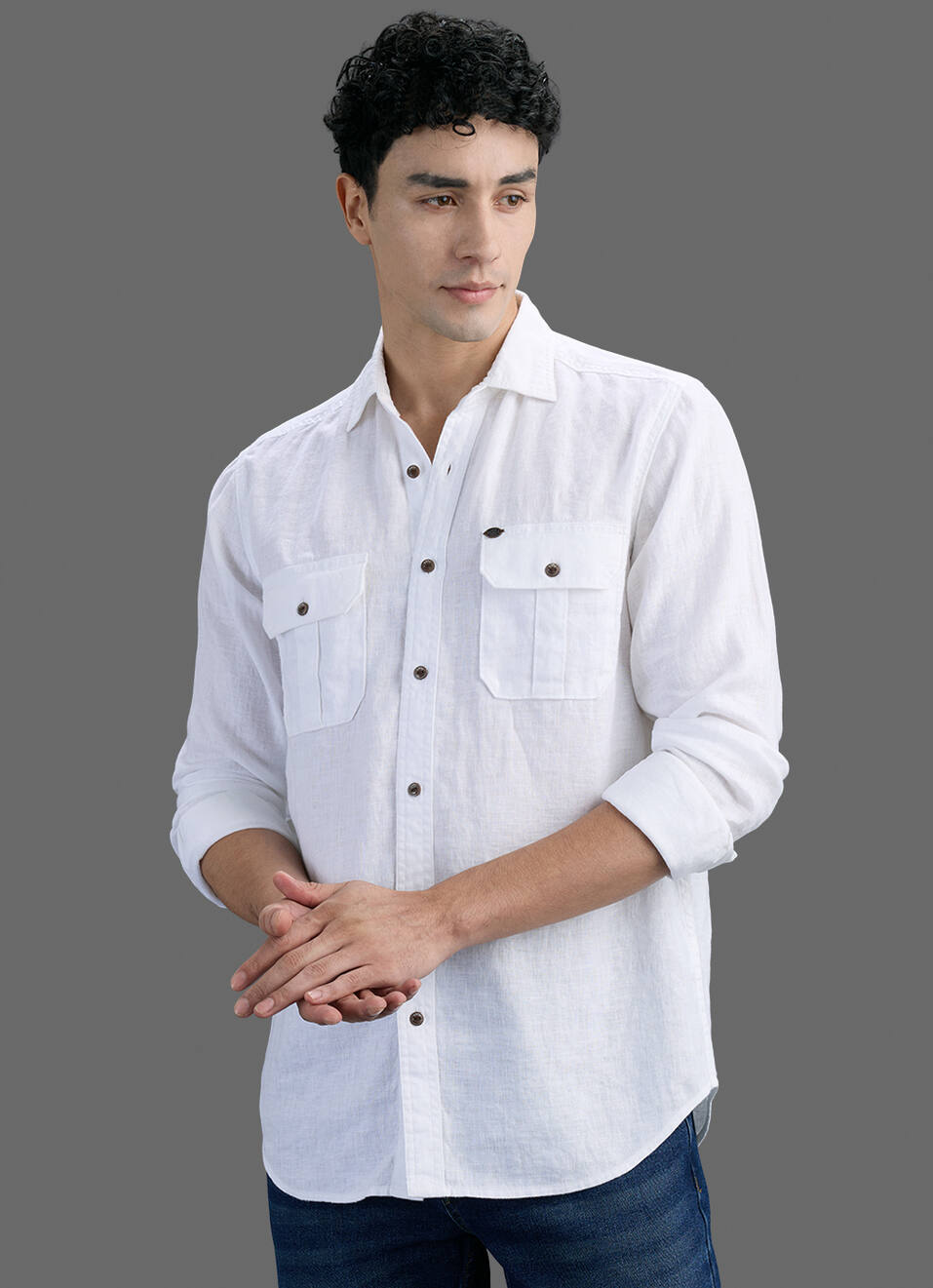 Men White Solid Pure Linen Safari Long Sleeve Shirt, , large image number 0