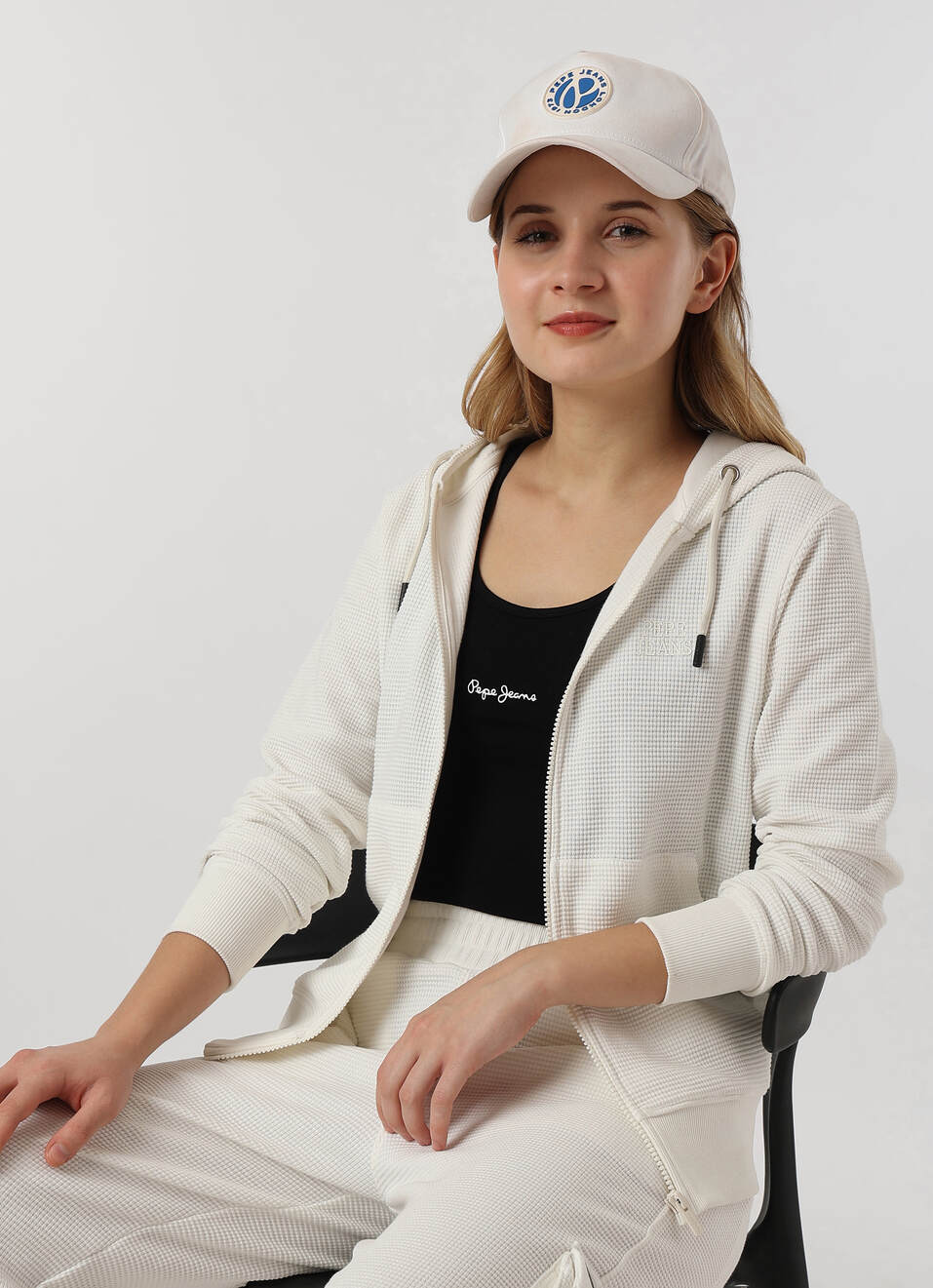 Women Ecru White Waffle Knit Zip Up Hoodie Sweatshirt, , large image number 0