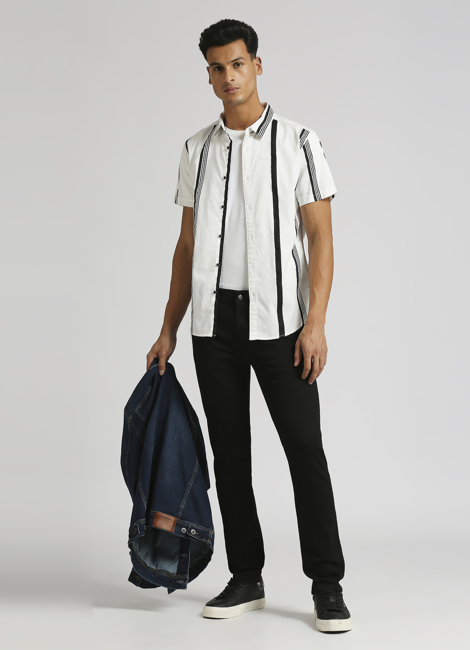 White Narrow Stripes Twill Short Sleeve Shirt, , large image number 5