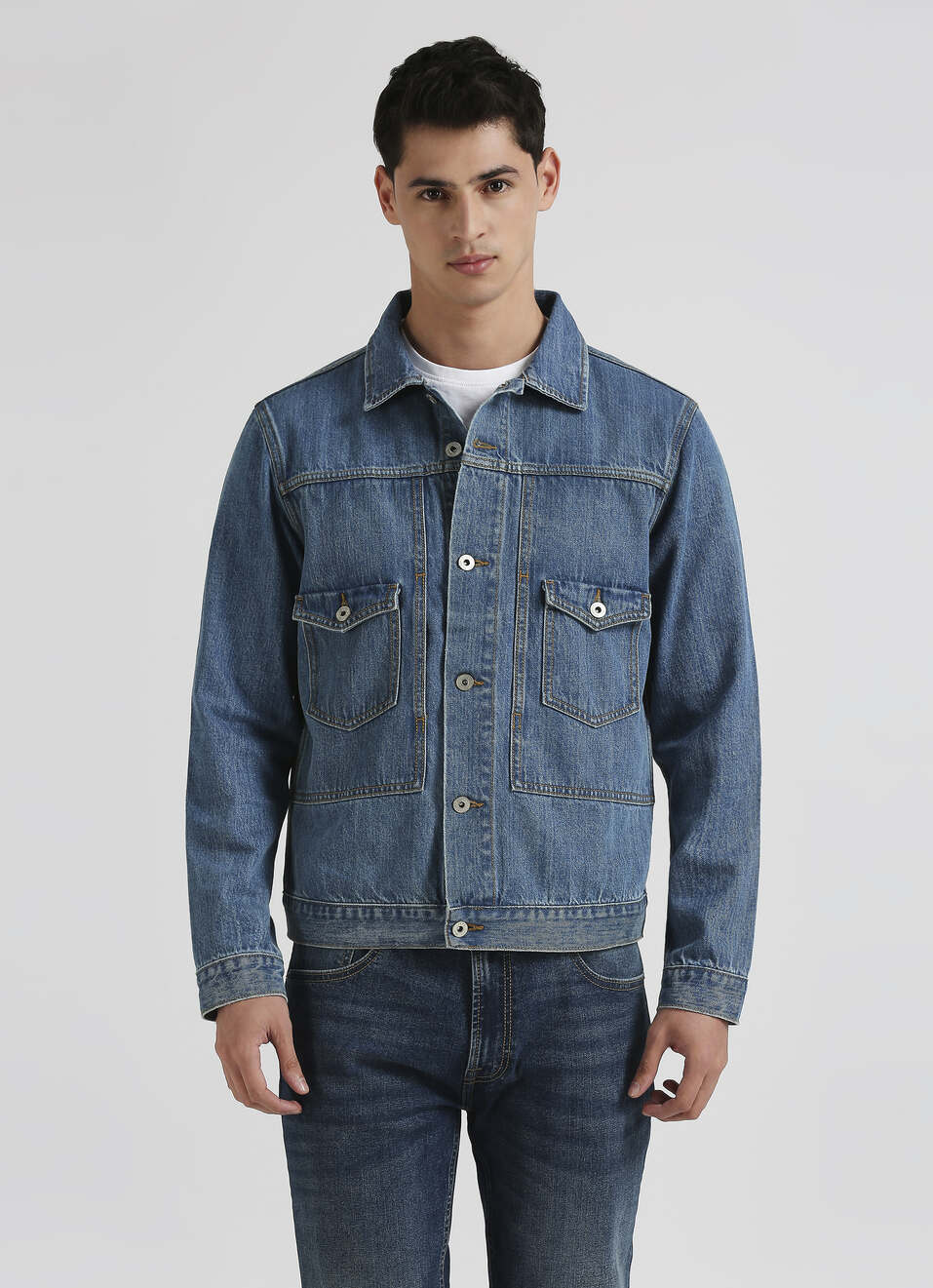 Light Blue Twill Utility Pocket Long Sleeve Trucker Jacket, , large image number 1