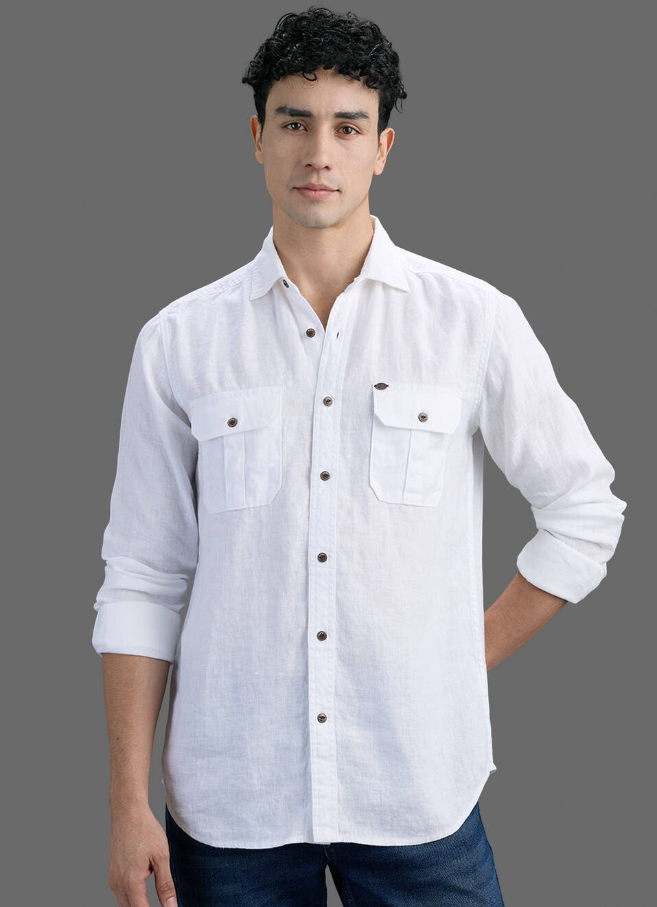 Men White Solid Pure Linen Safari Long Sleeve Shirt, , large image number 5