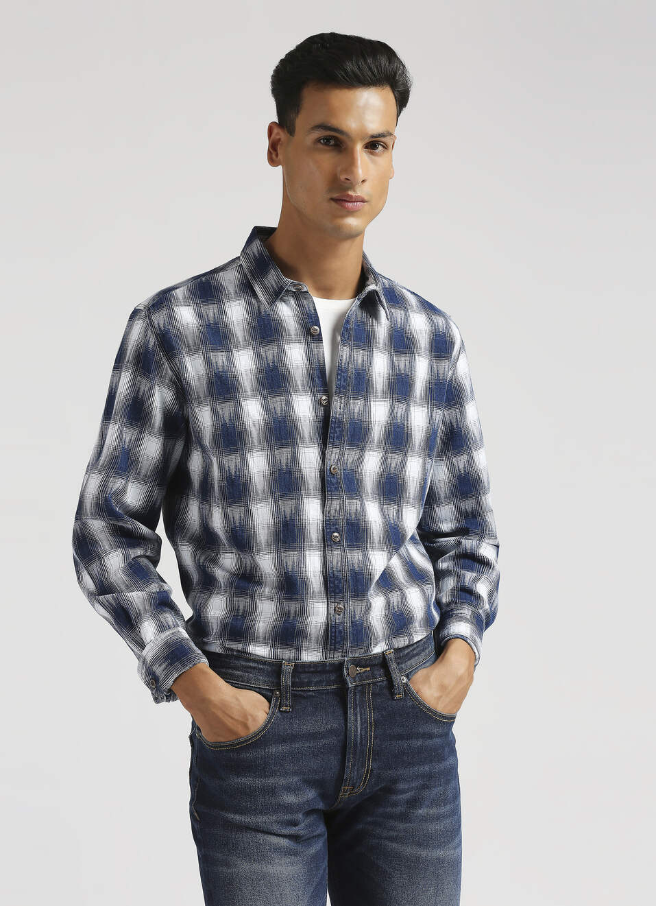Yarn Dyed  Checks Indigo Long Sleeve Shirt, , large image number 0