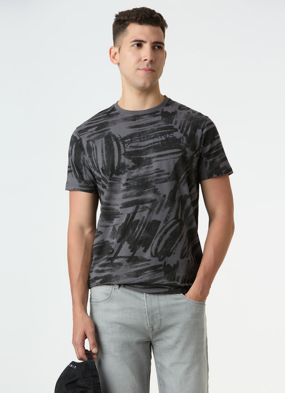 Men Grey Brushstroke Print Short Sleeve T-shirt, , large image number 0