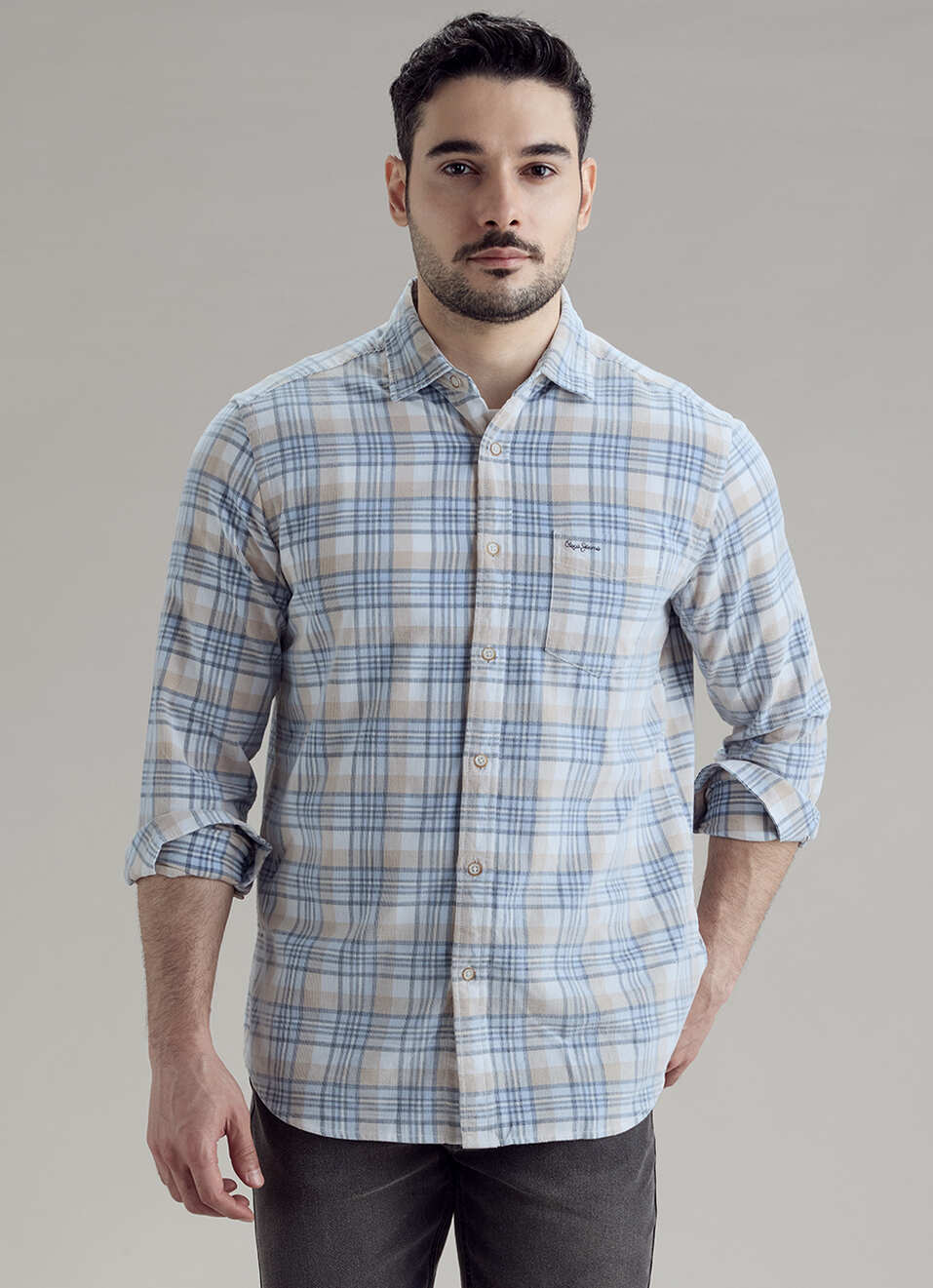 Men Blue Checked Corduroy Long Sleeve Shirt, , large image number 1