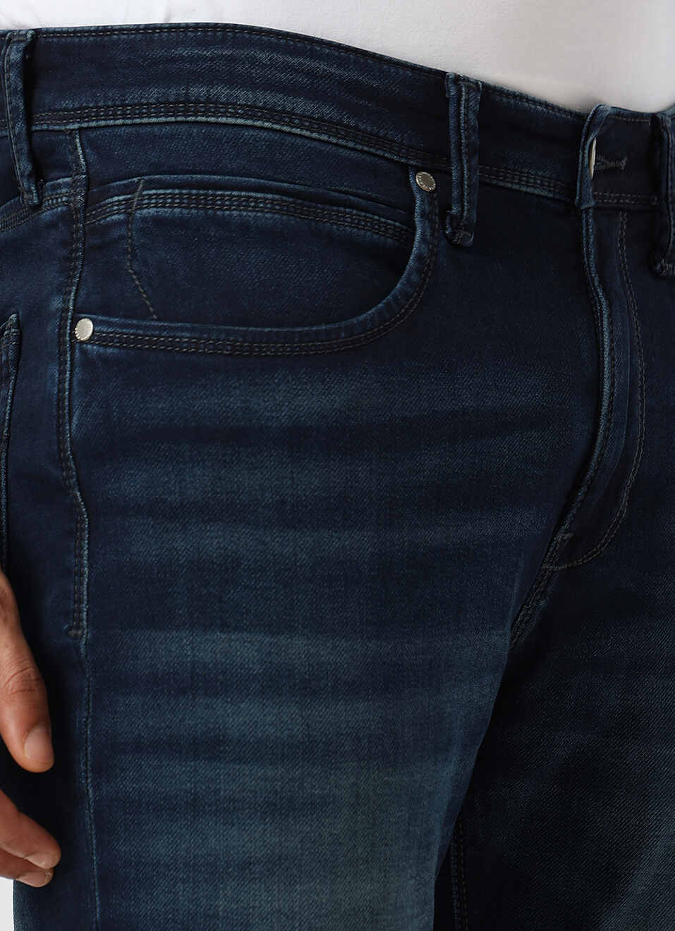 Men Dark Blue Mid Rise Slim Fit Gymindigo Jeans, , large image number 4