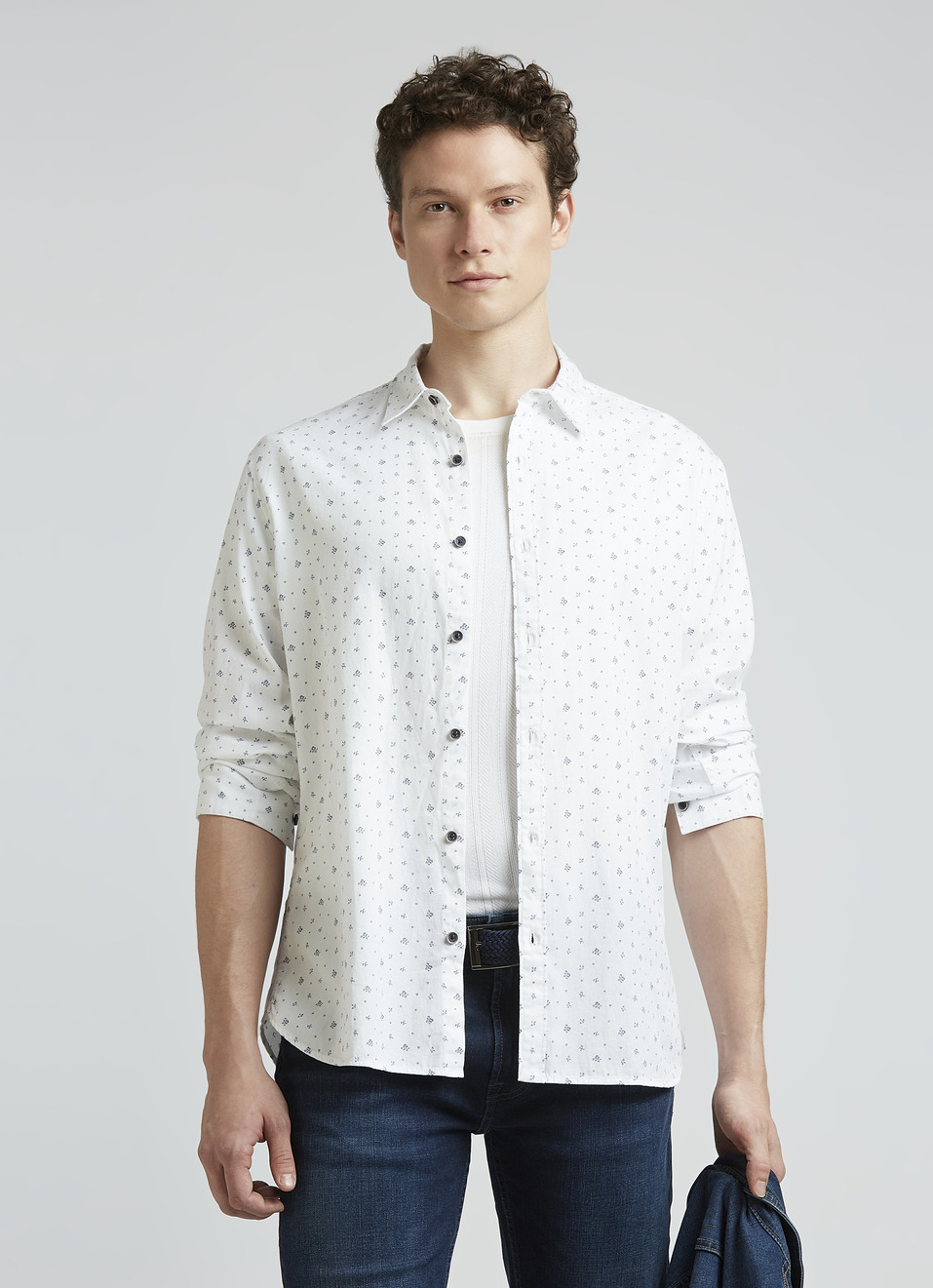 White Micro Print Full Sleeve Shirt, , large image number 0