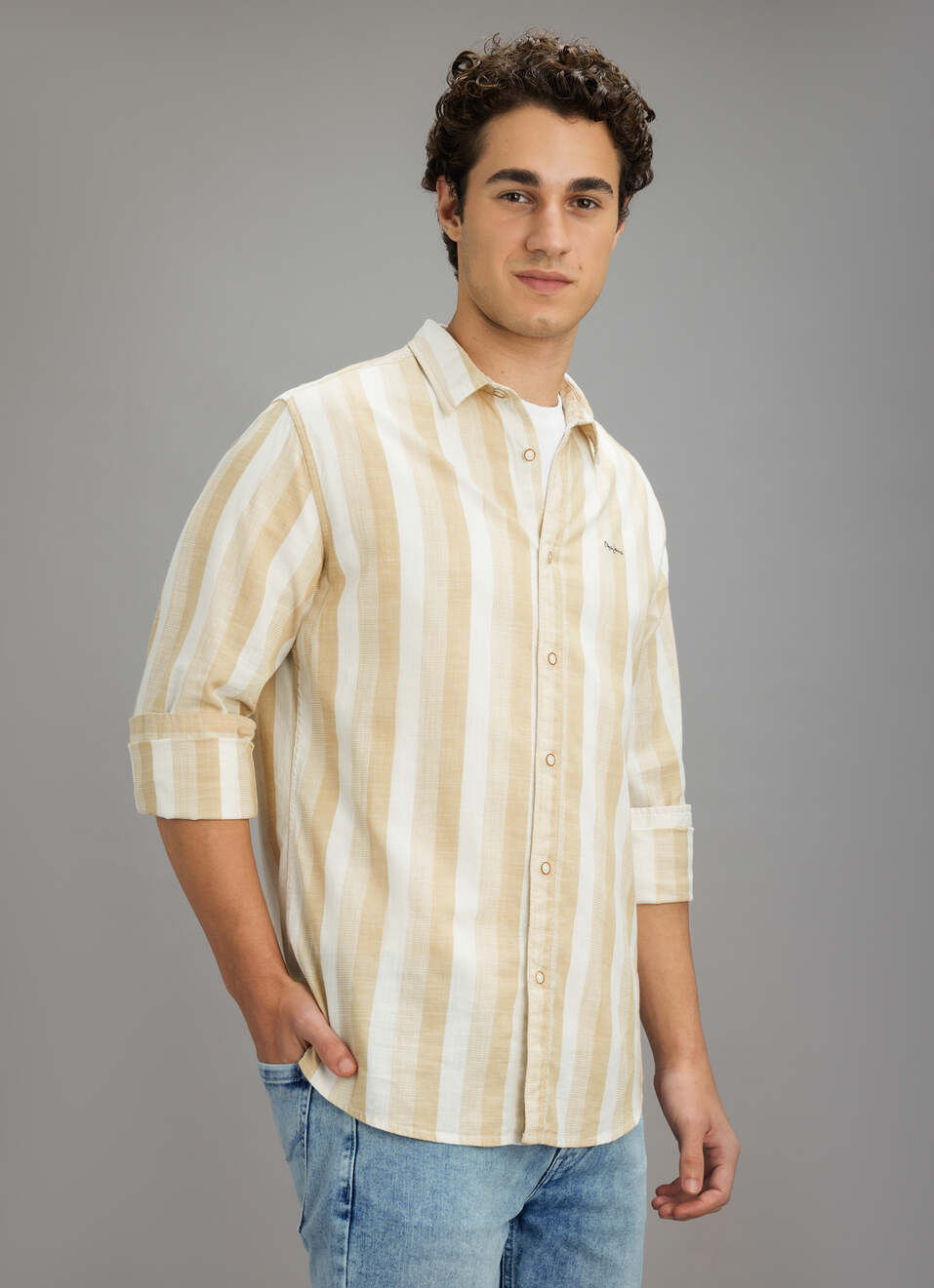 Men Beige Striped Shirt, , large image number 7