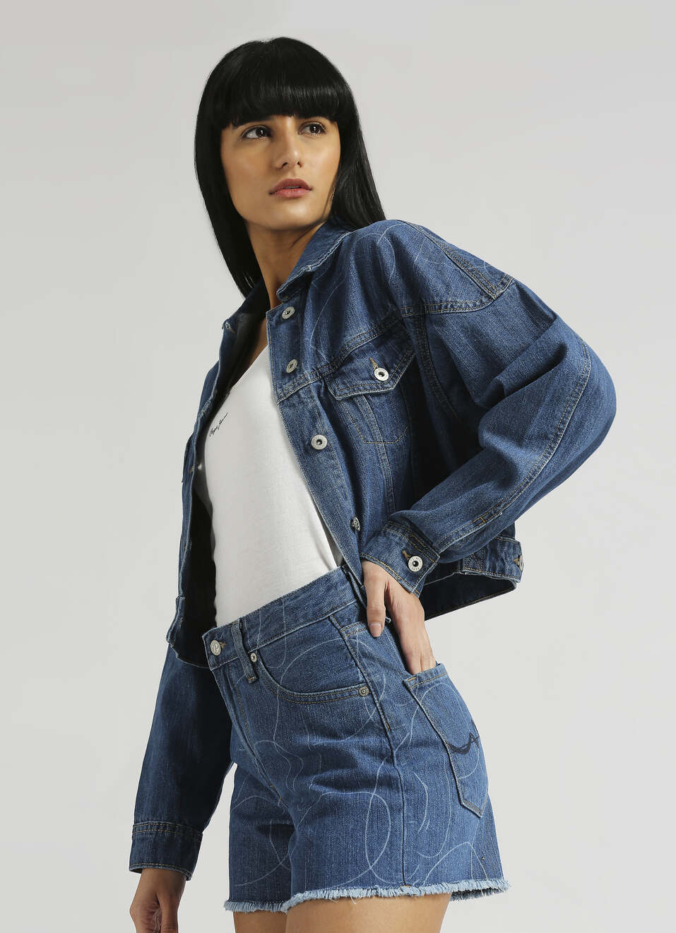 Blue Oversized Abstract Logo Print Long Sleeve Denim Jacket, , large image number 0