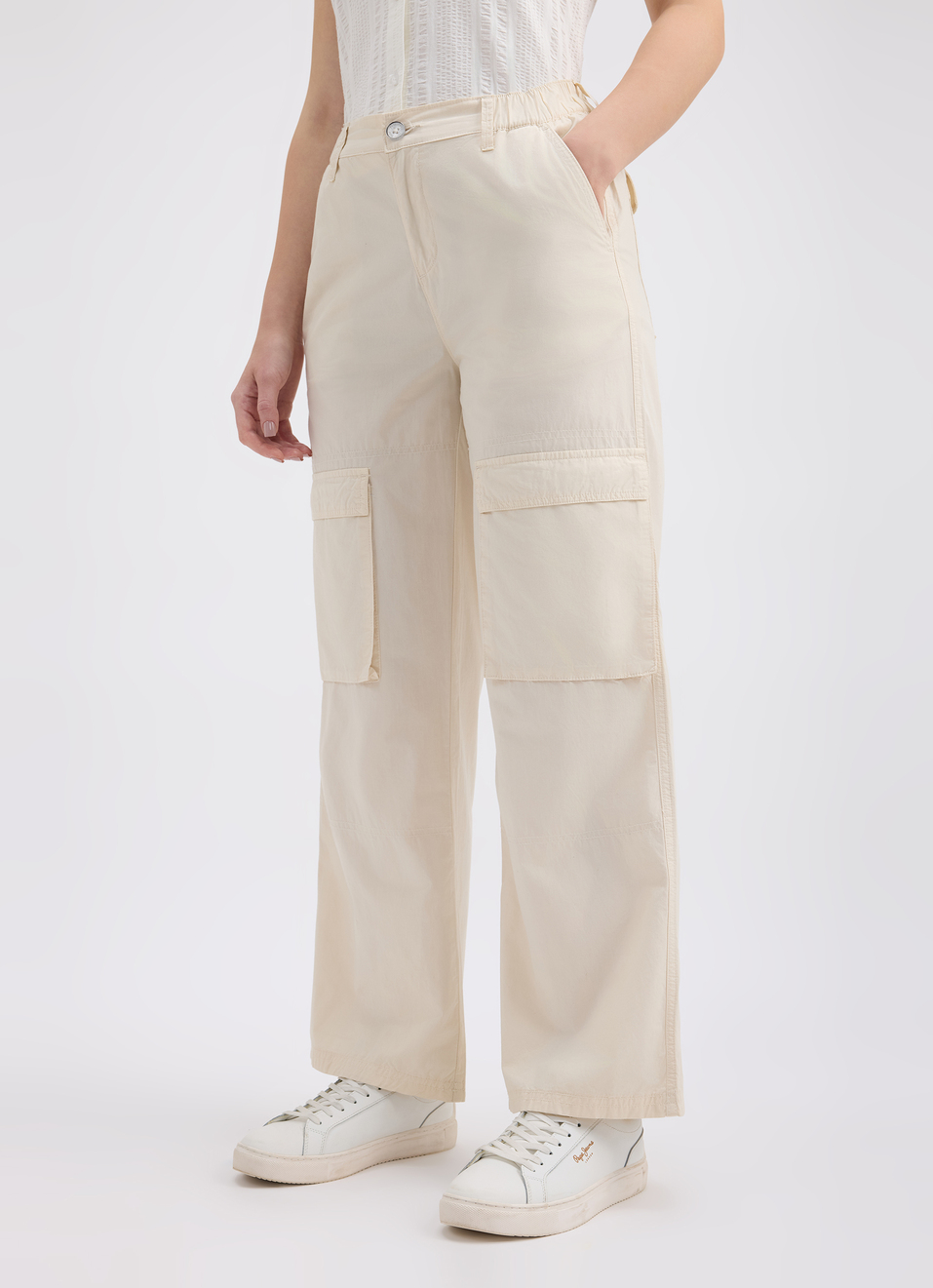 Women Ecru Mid Rise Cargo Pants, , large image number 3