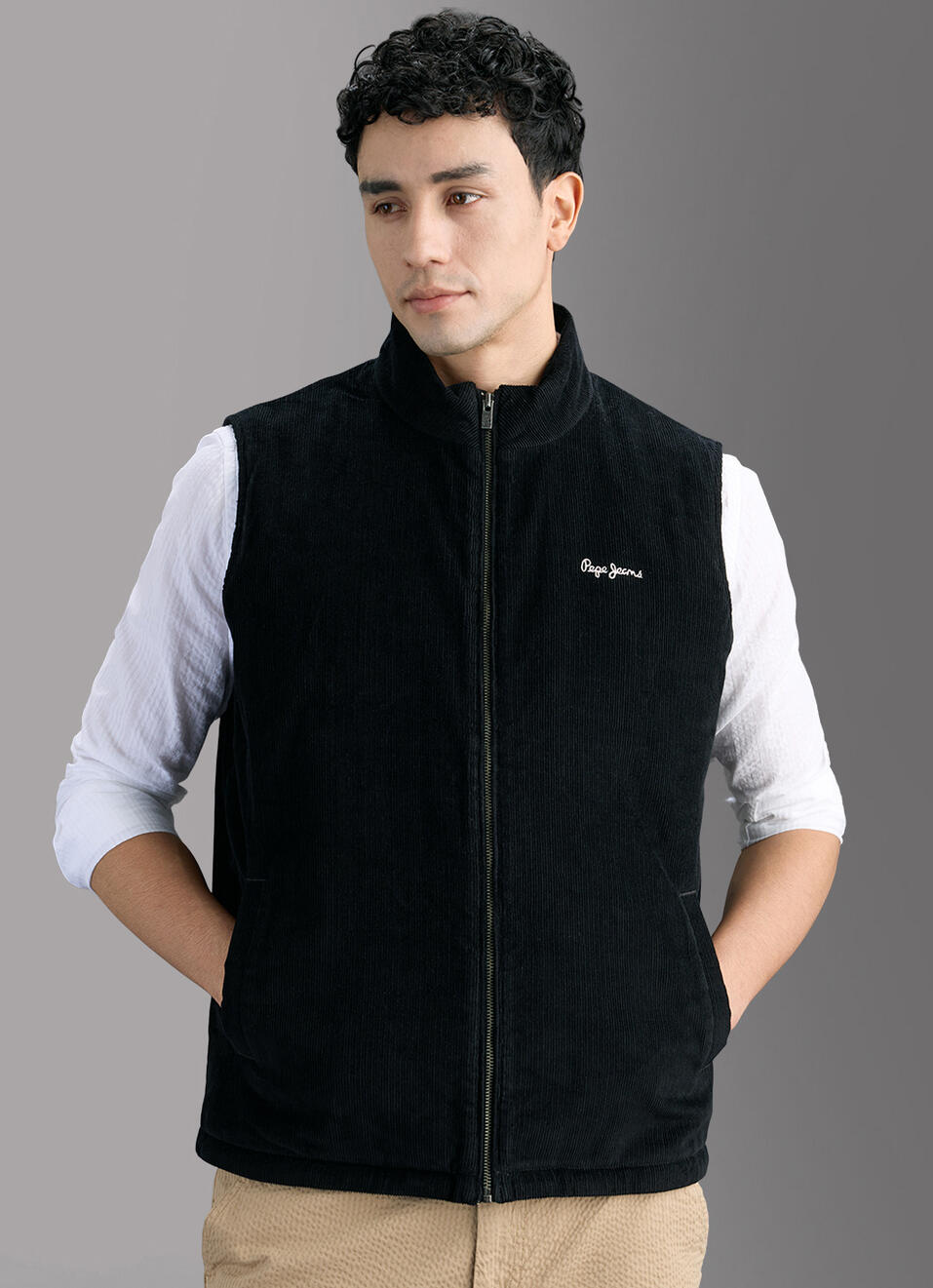 Men Beige Corduroy Sleeveless Gilet Jacket, , large image number 5