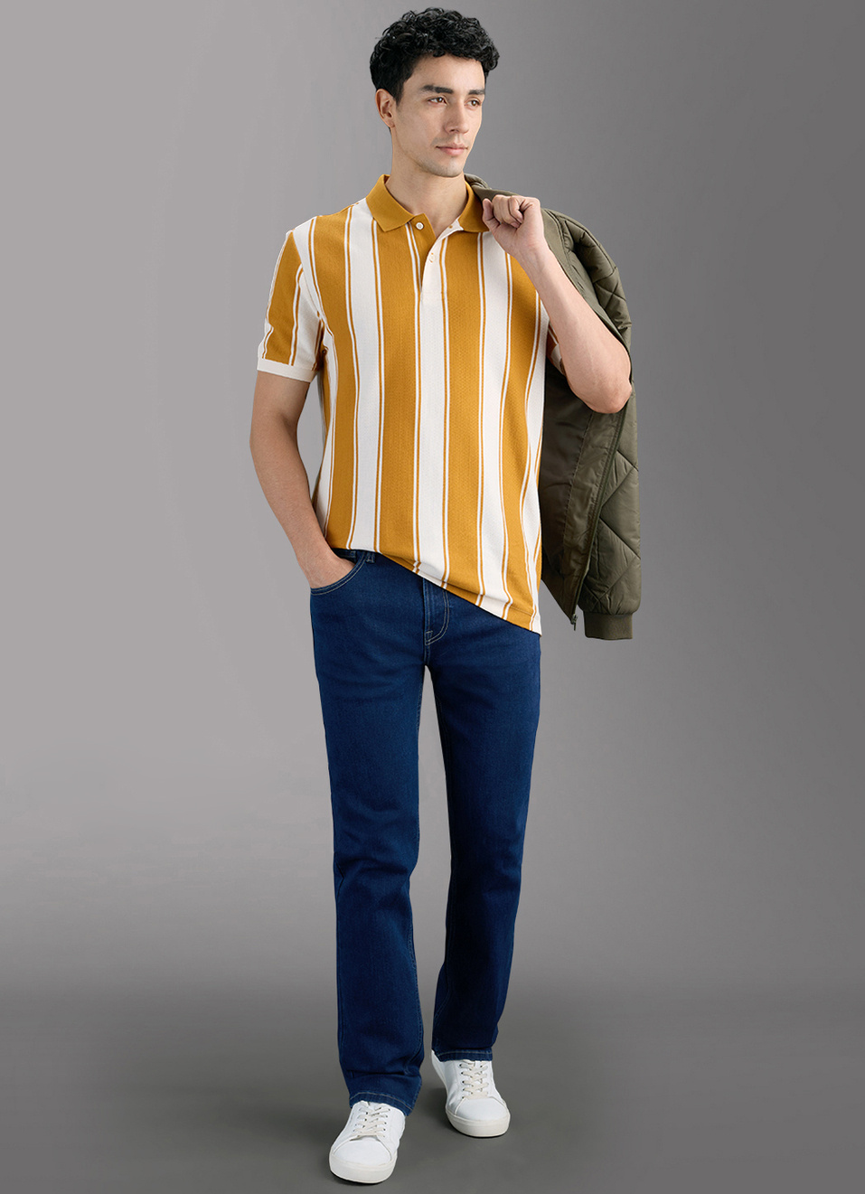 Men Brown Striped Polo T-shirt, , large image number 2