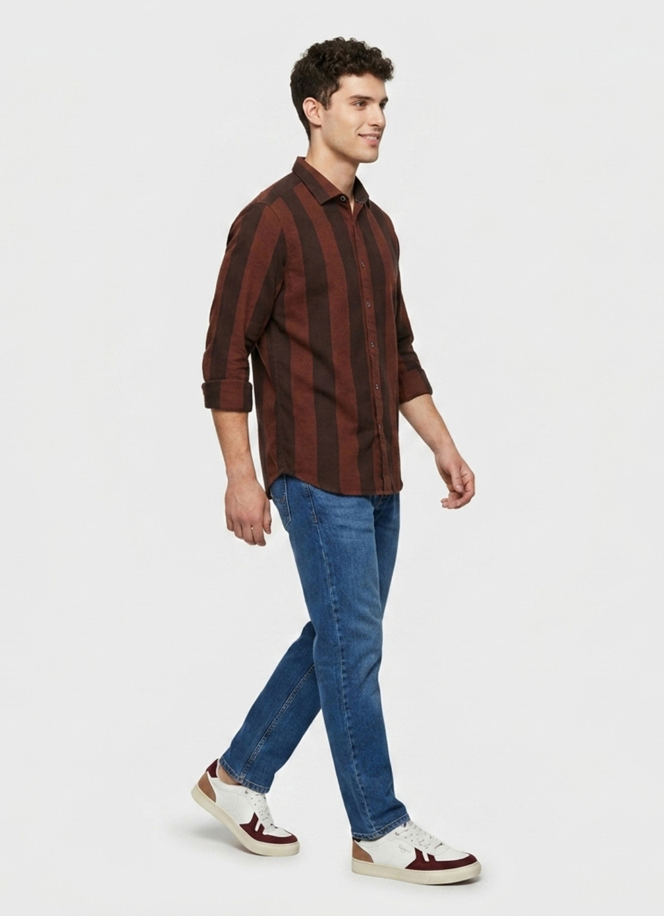 Men Wine Striped Brushed Long Sleeve Shirt, , large image number 5