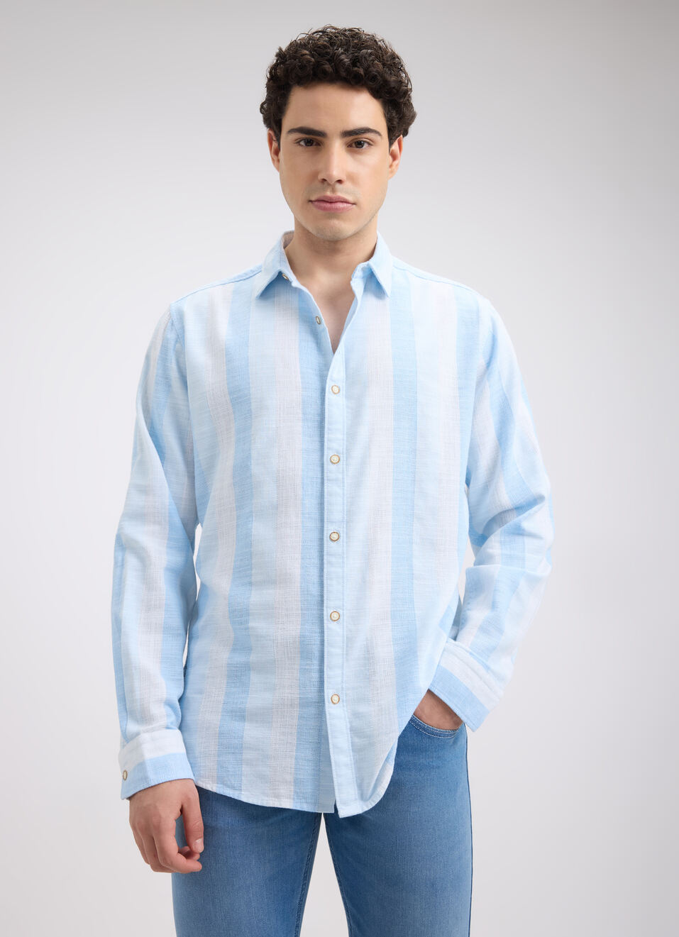 Men Blue Stripe Full Sleeve Shirt, , large image number 1