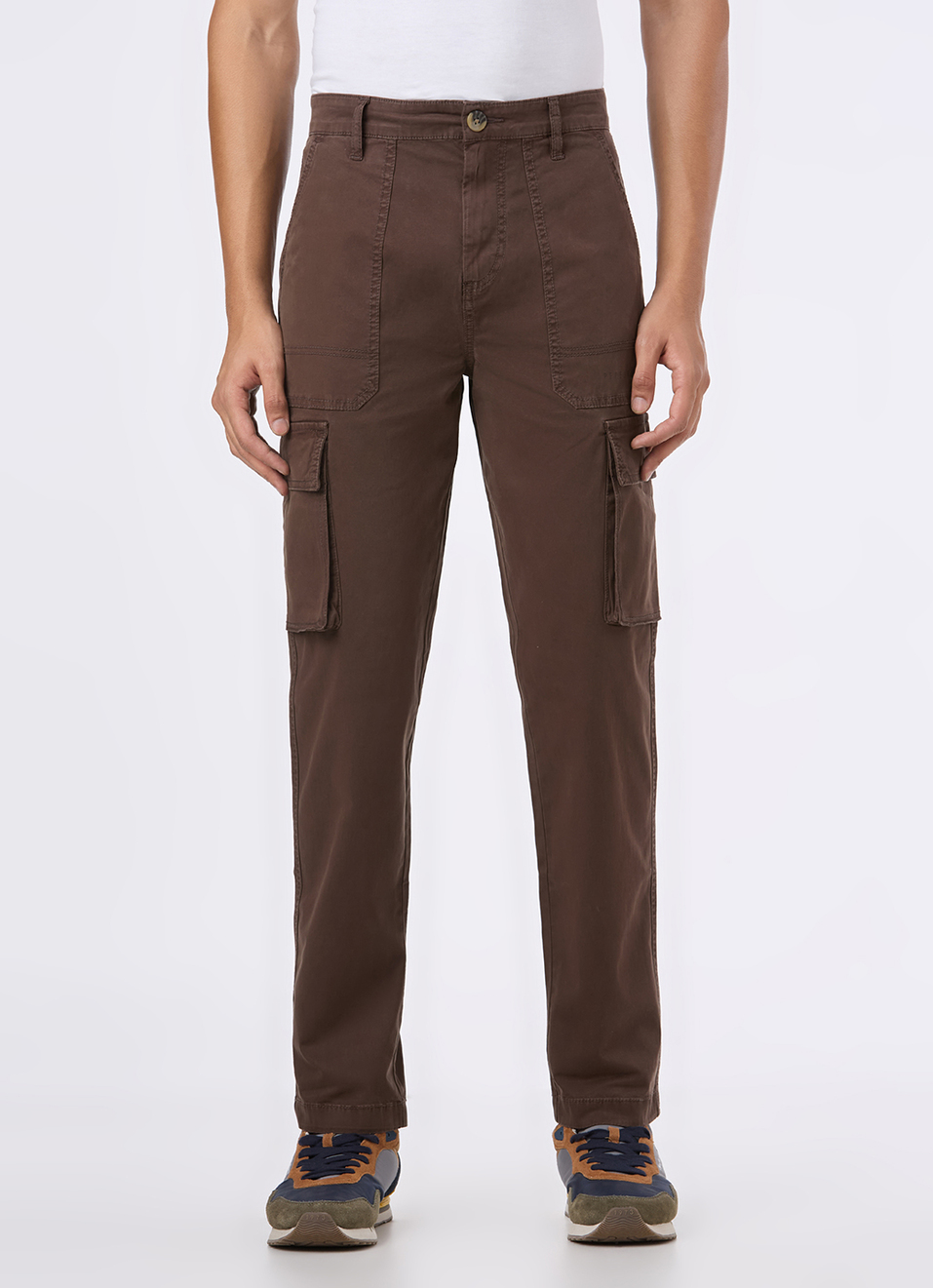 Men  Brown Overdyed Mid Rise Utility Stretch Cargo Pants, , large image number 2