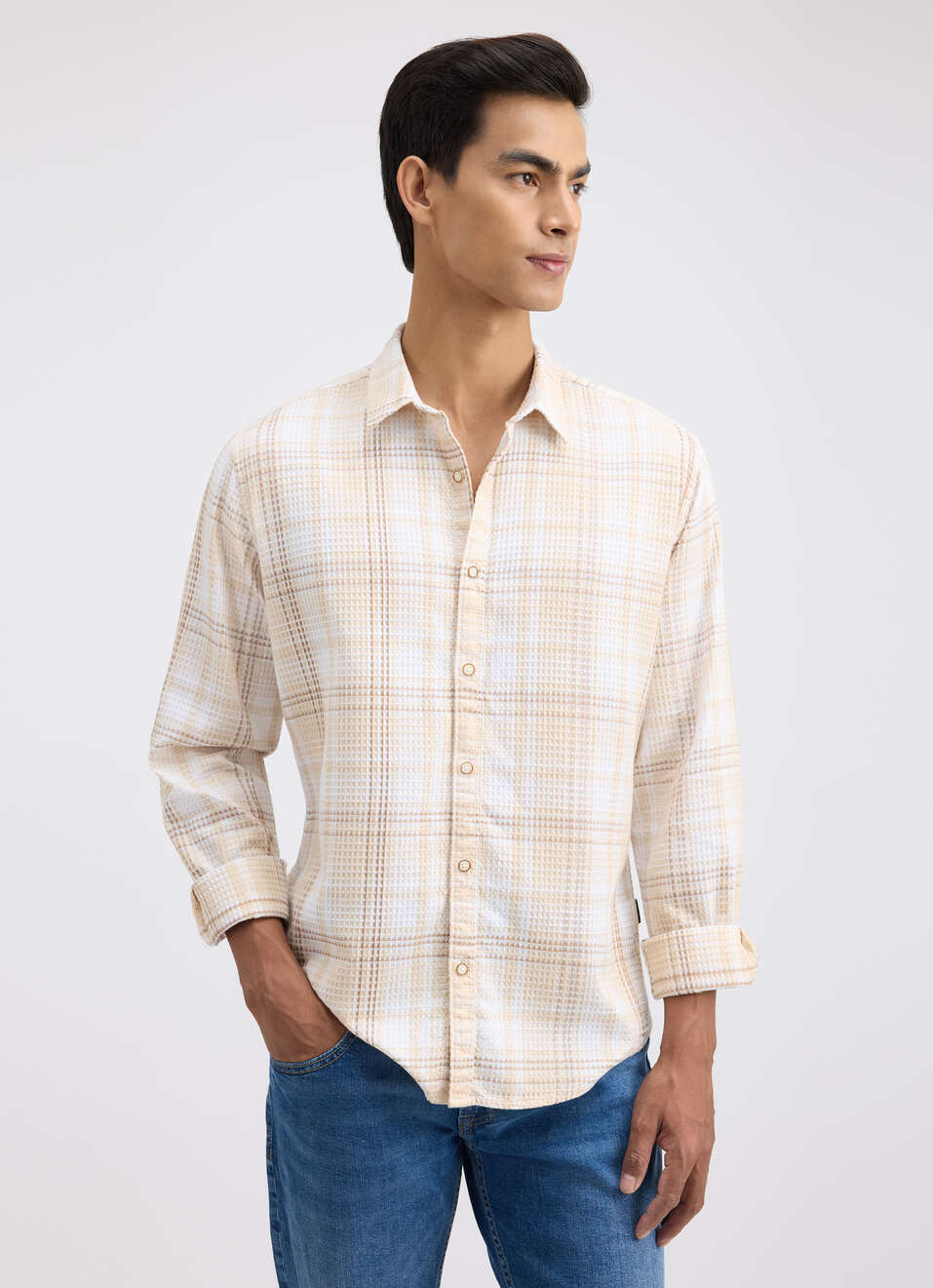 Men Beige Check Full Sleeve Shirt, , large image number 1
