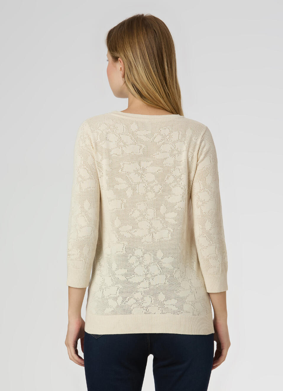 Women Ecru Jacquard Textured With 3/4 Sleeve Flat Knit, , large image number 2