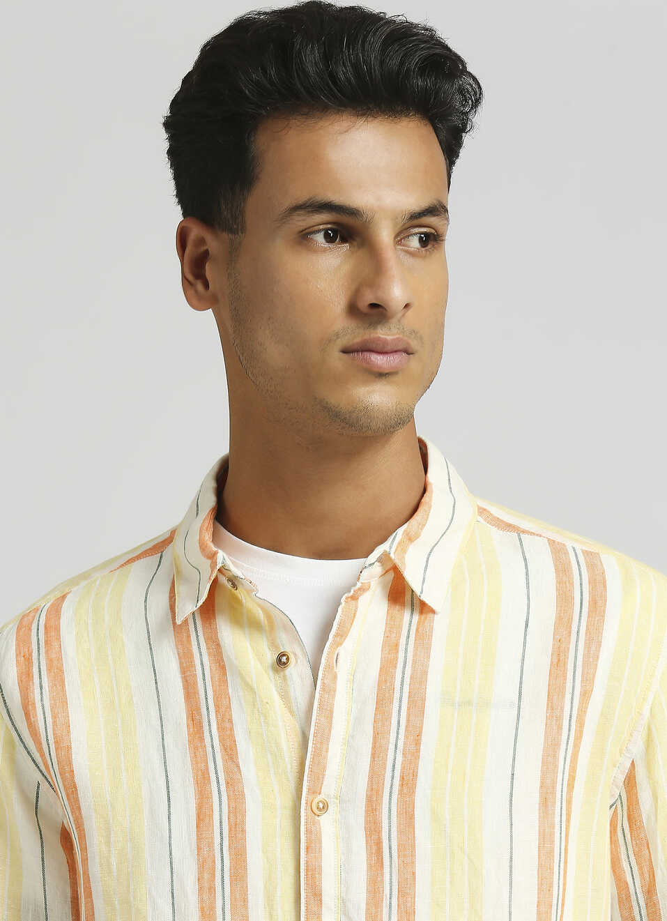 Yellow Stripes Pure Linen Summer Long Sleeve Shirt , , large image number 4