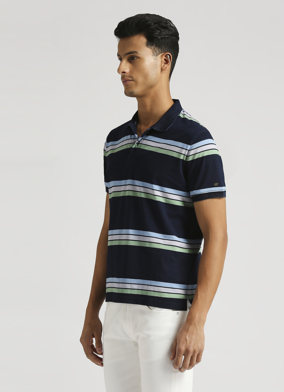 Yarn Dyed Stripes Indigo Short Sleeve Polo, , large image number 3