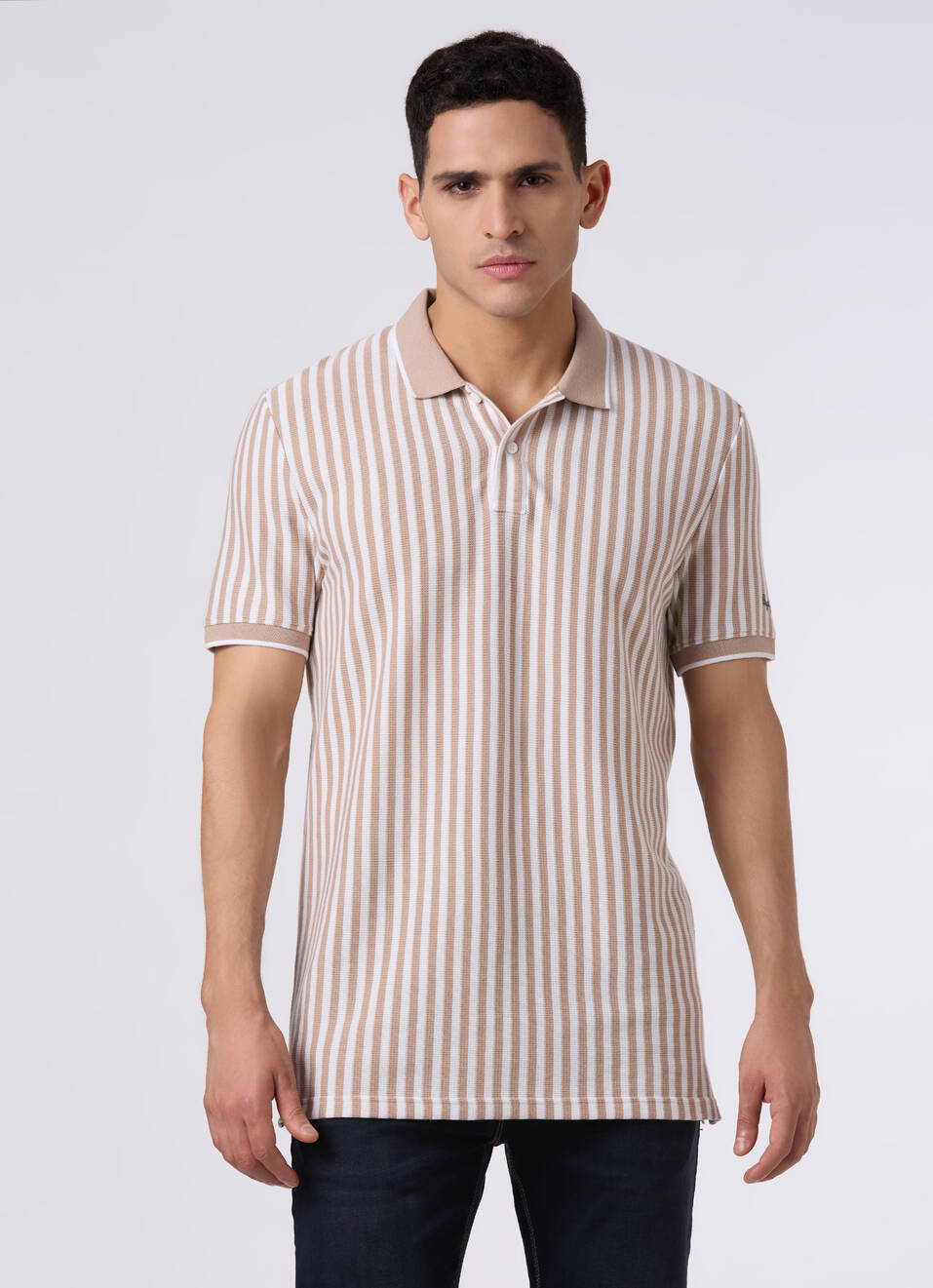 Men Beige Striped Polo Collar T-shirt, , large image number 1