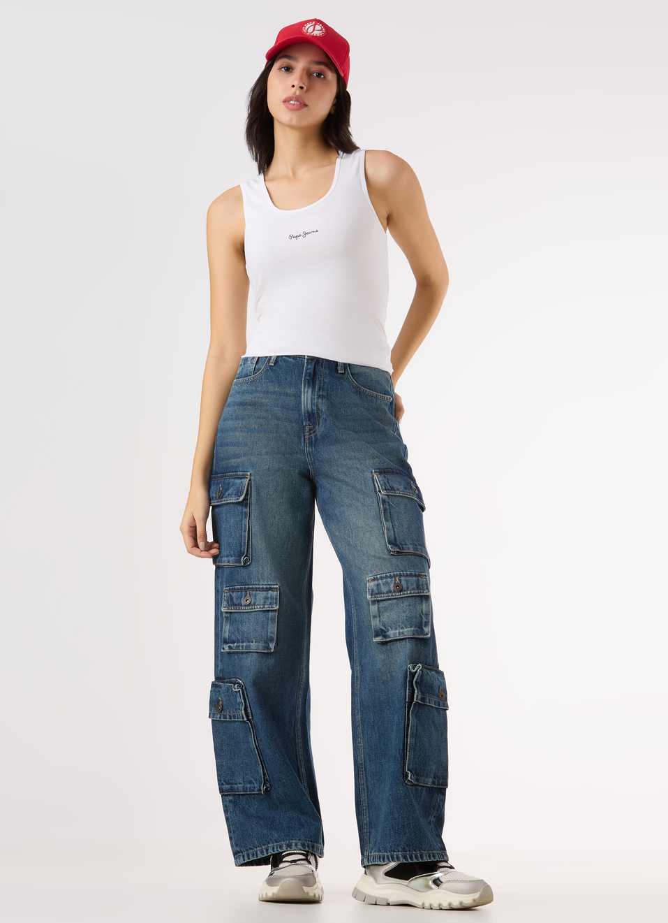 Women High Rise Straight Fit Cargo Jeans, , large image number 0