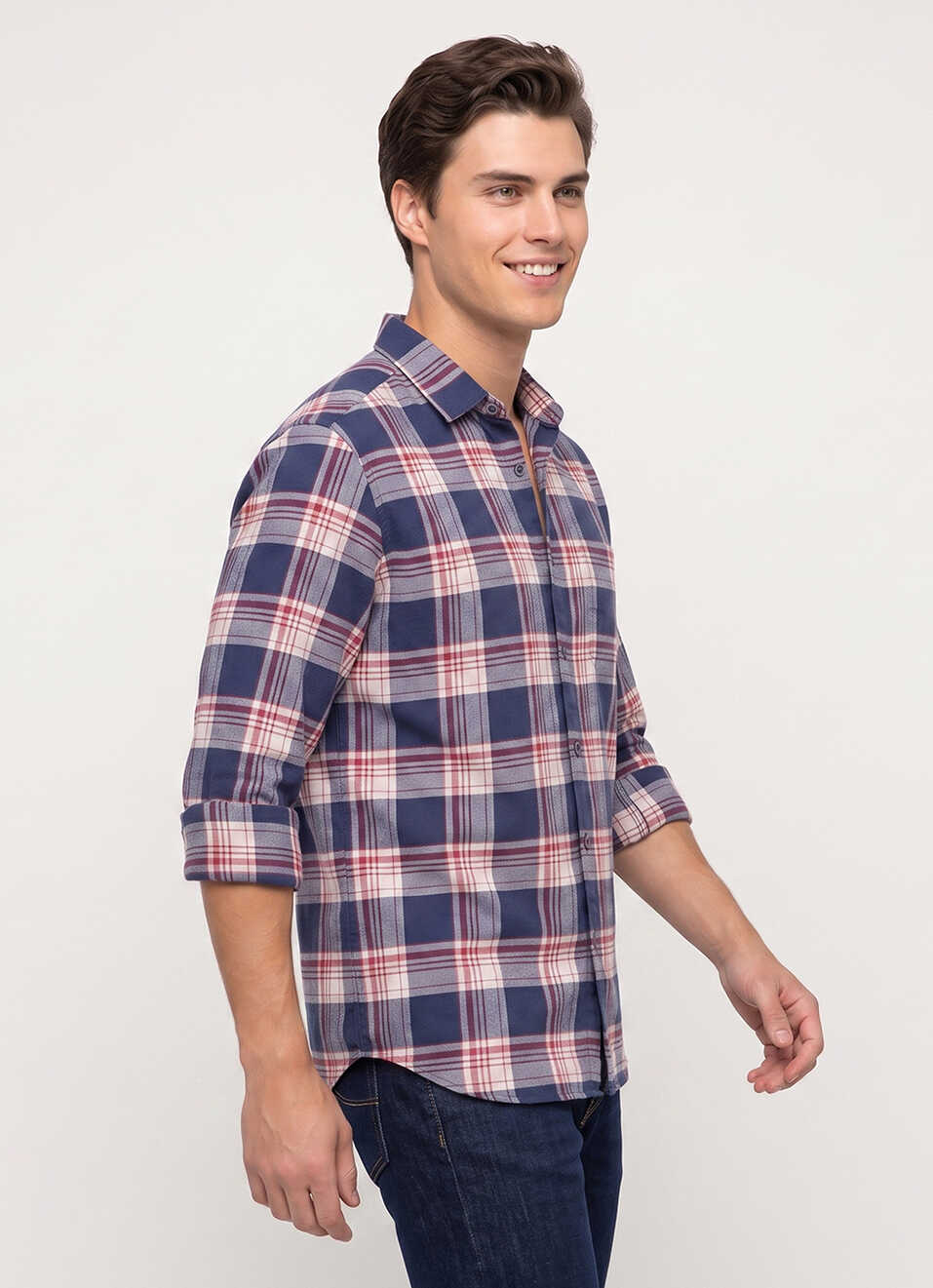 Men Blue Checked Brushed Long Sleeve Shirt, , large image number 3