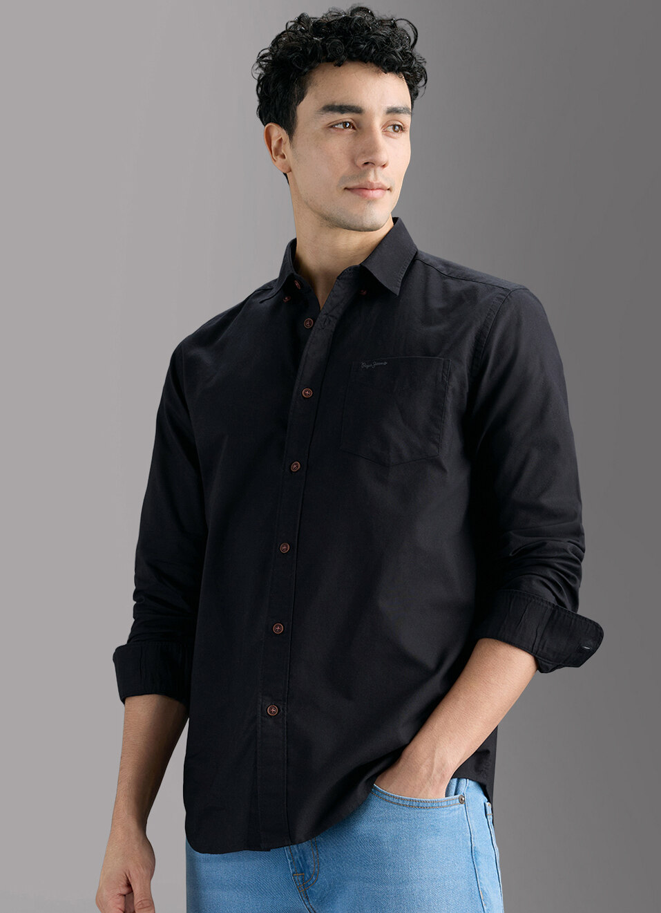 Men Black Solid Regular Button-down Collar Shirt, , large image number 7