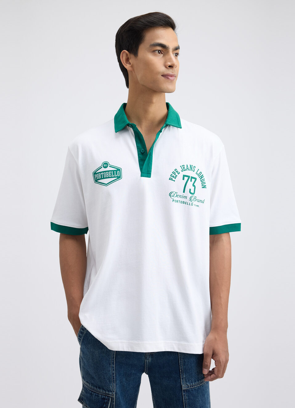 Men White Graphic Print Short Sleeve Oversized Polo, , large image number 1
