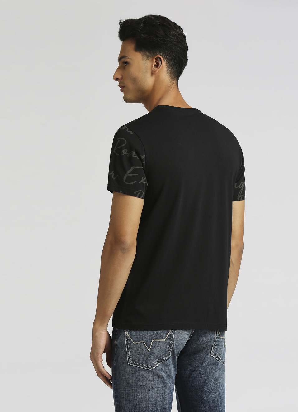 Black Printed Short Sleeve T-shirt, , large image number 2