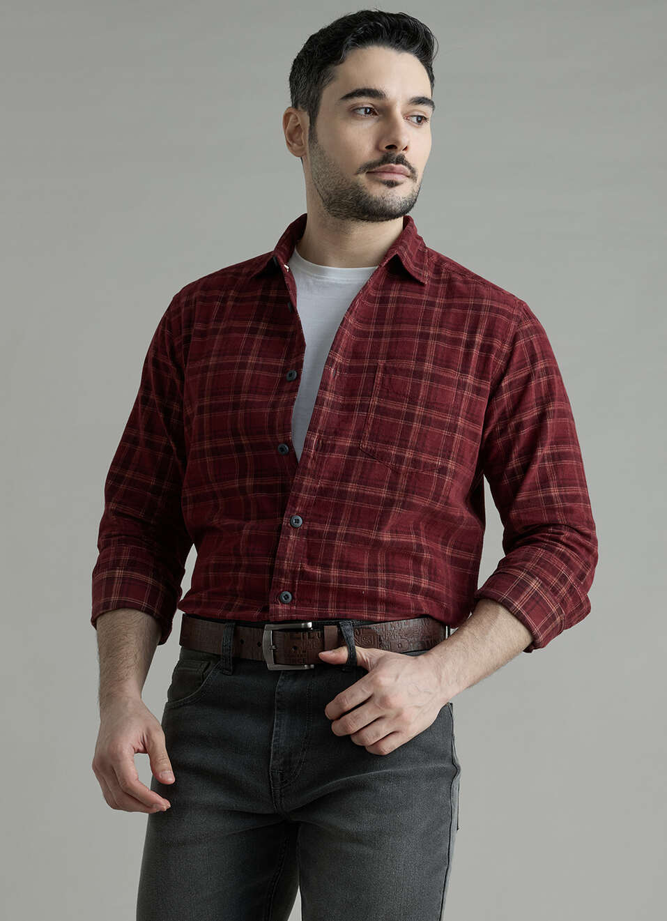 Men Wine Checked Corduroy Long Sleeve Shirt, , large image number 0