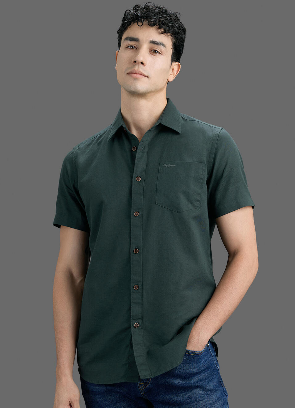 Men Dark Green Solid Cotton Linen Shirt, , large image number 5