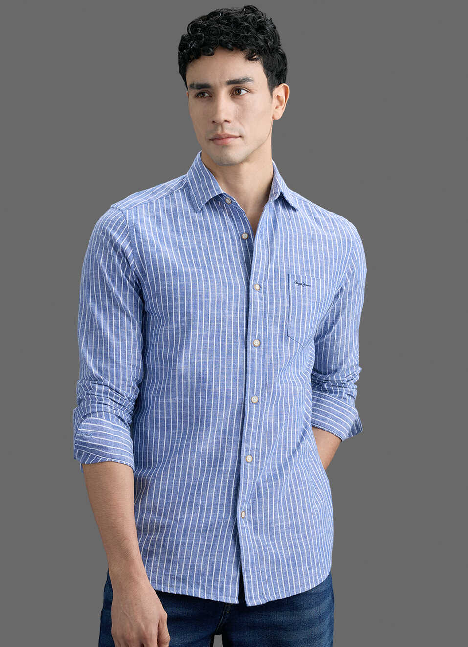 Men Blue Striped Long Sleeve Shirt, , large image number 5