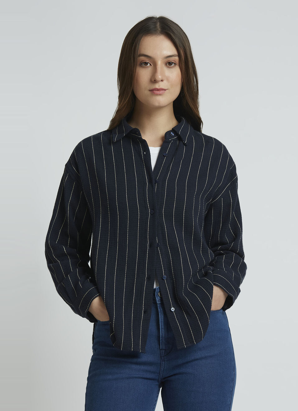 Navy Oversized Stripes Full Sleeve Shirt, , large image number 0