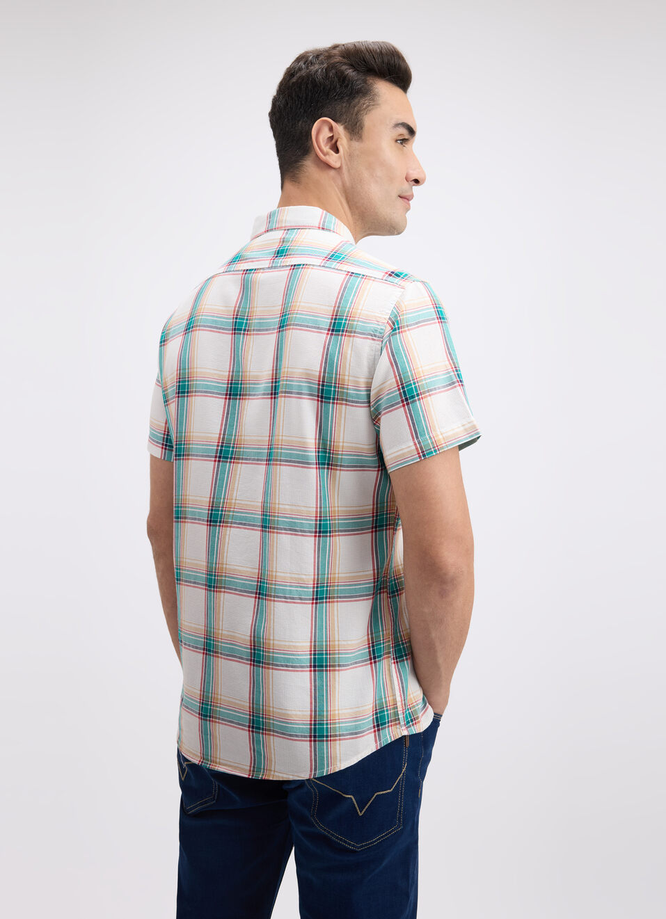 Men Green Check Short Sleeve Shirt, , large image number 2