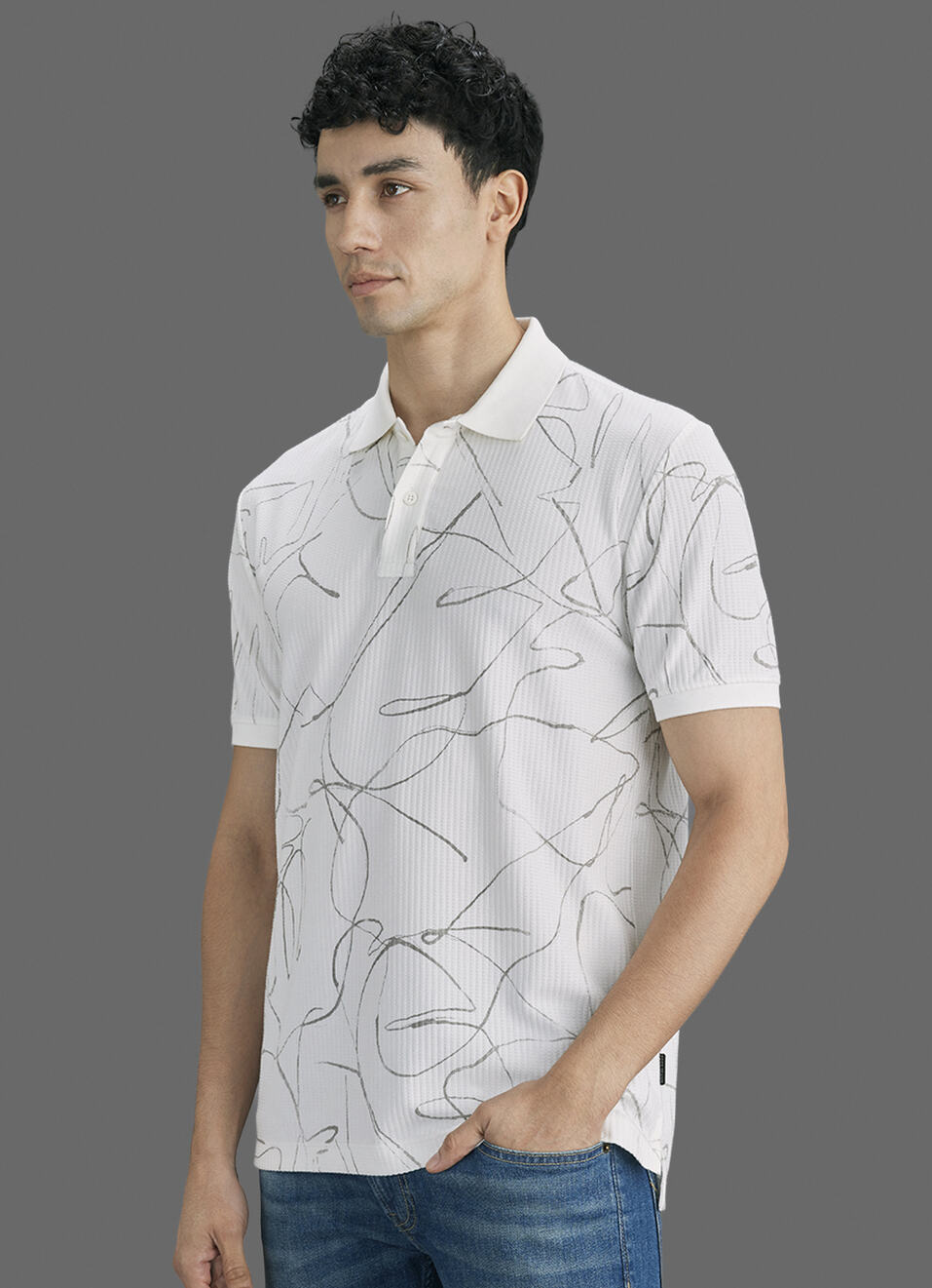 Men Off White Printed Polo Collar T-shirt, , large image number 7