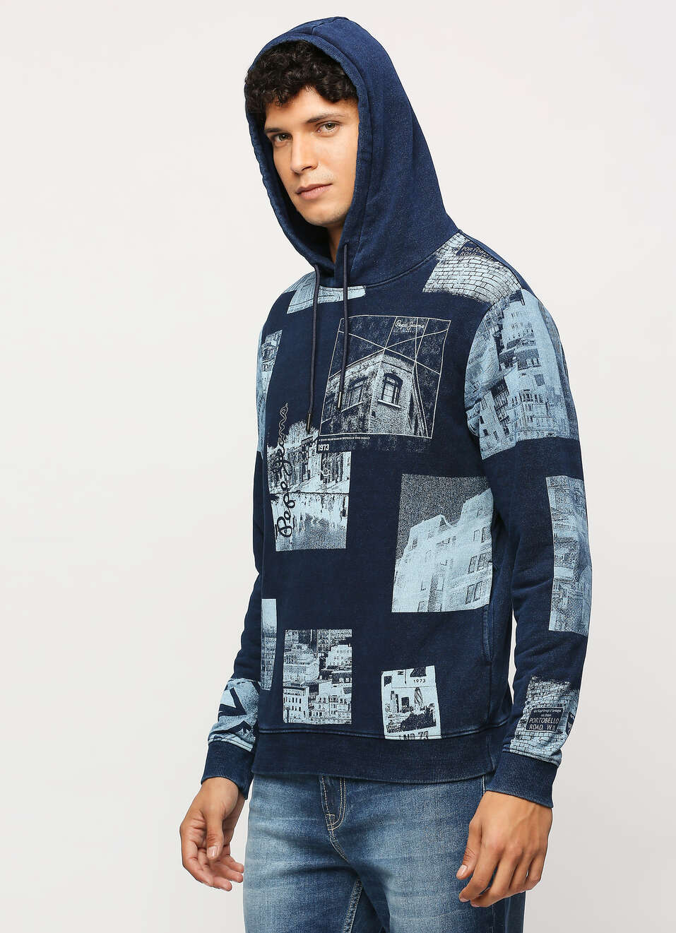 Indigo Graphic Printed Hooded Sweatshirt, , large image number 3