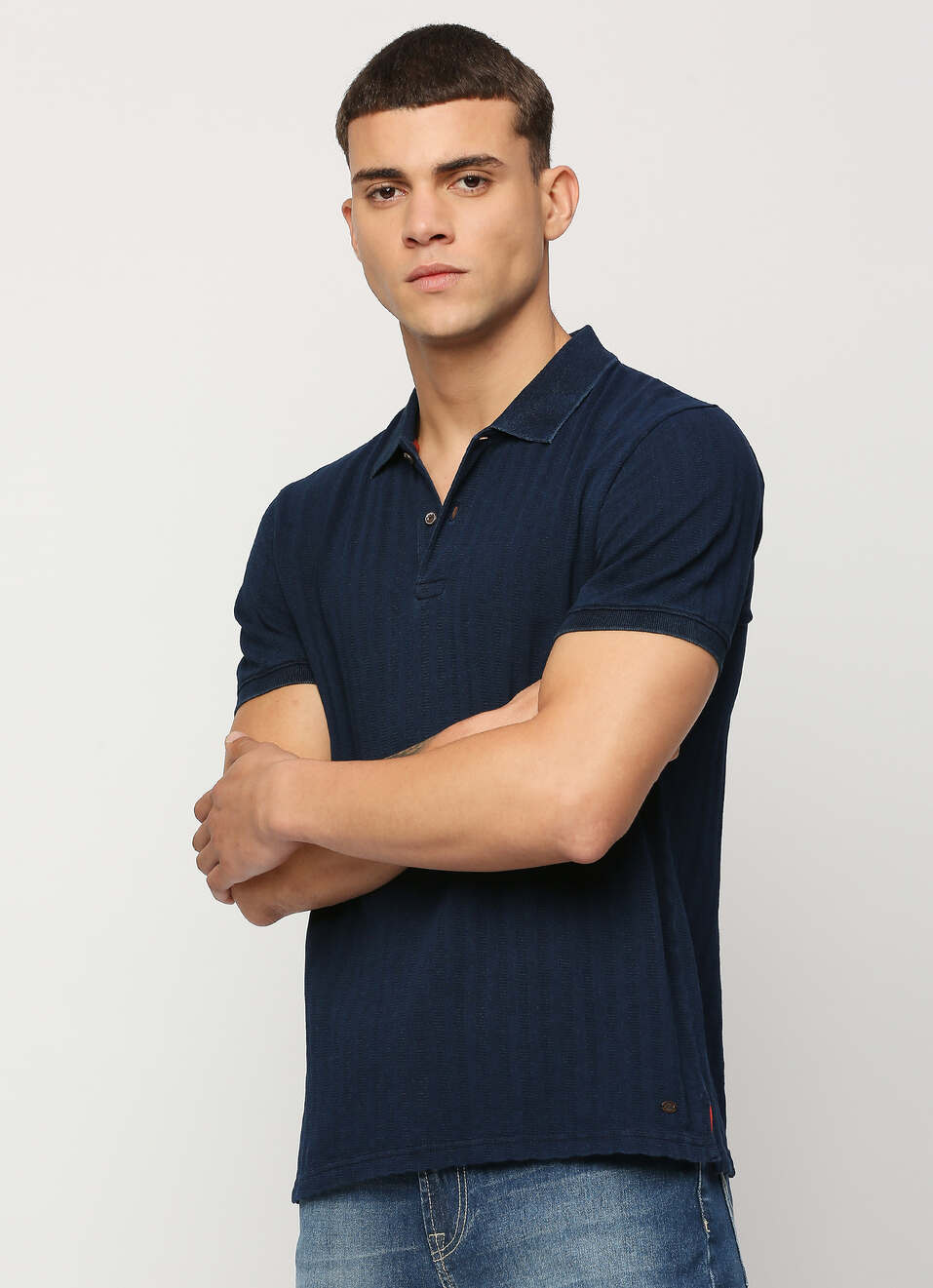 Blue Ribbed Neck Short Sleeve Polo, , large image number 6