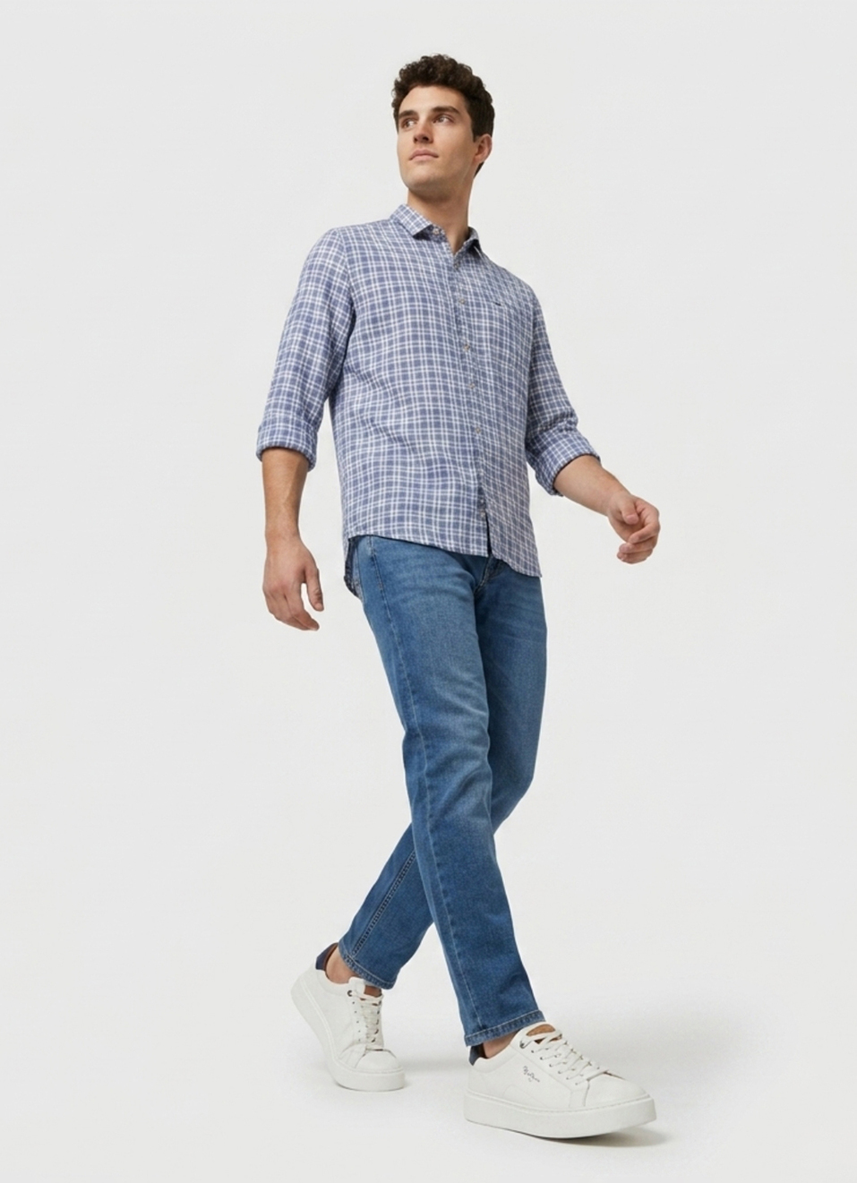 Men Blue Checked Herringbone Long Sleeve Shirt, , large image number 5