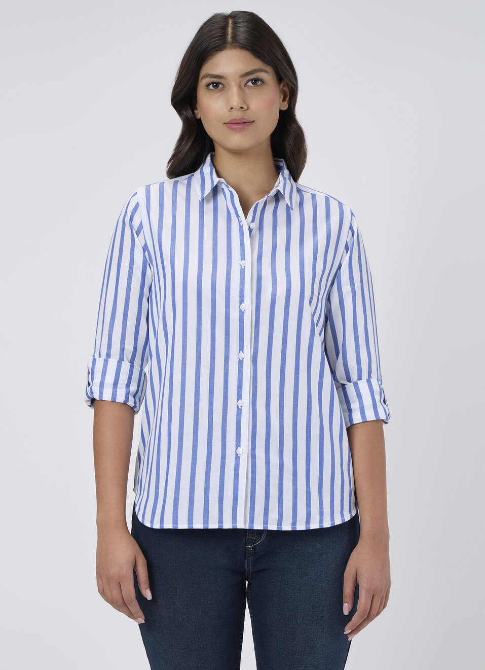 Women Blue Striped Regular Fit Shirt, , large image number 1