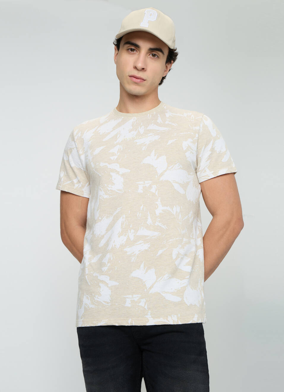 Men Ivory White Printed Slim Fit T-shirt, , large image number 0