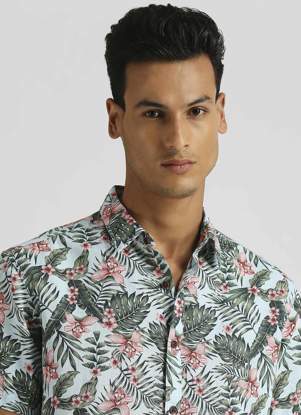 Blue Tropical Print Linen Short Sleeve Shirt, , large image number 4