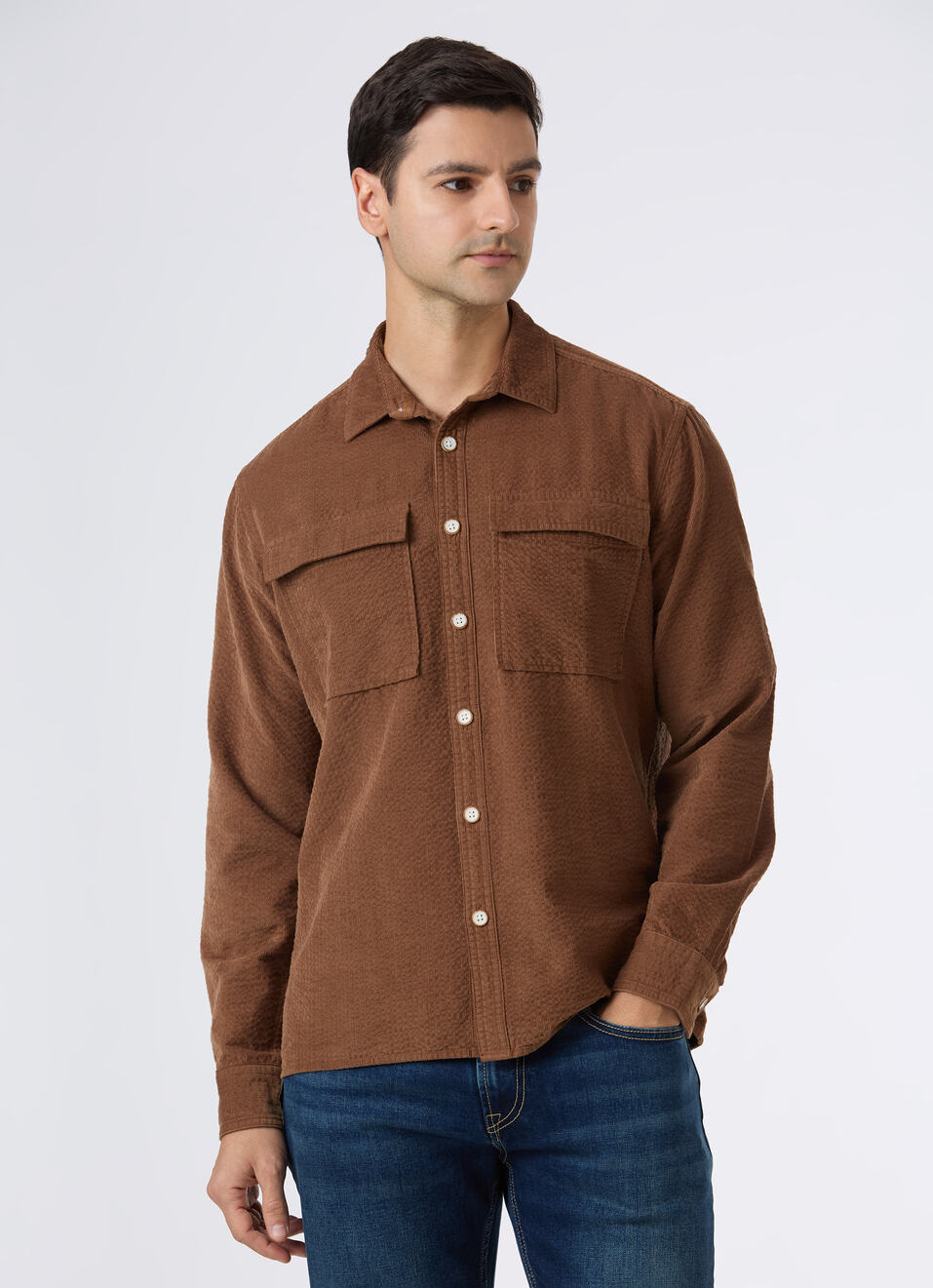 Men Brown Textured Shirt With Dual Flap Pocket, , large image number 1