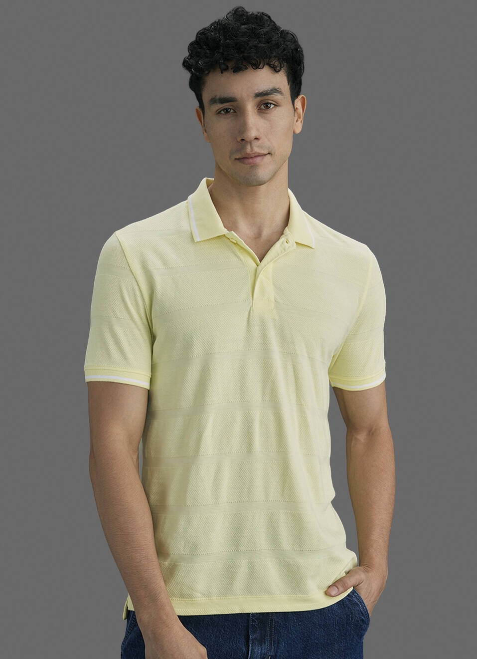Men Yellow Striped Polo Collar T-shirt, , large image number 5