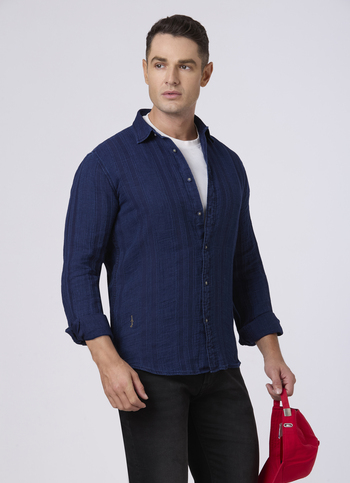 Men Indigo Blue Textured Stripe Casual Shirt