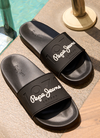 Black Lightweight Beach Slides With Embossed Logo Print