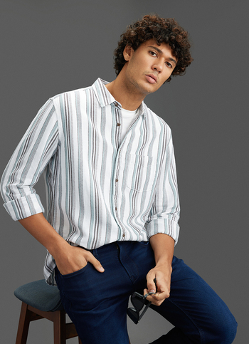 Men Beige Striped Regular Fit Full Sleeve Casual Shirt